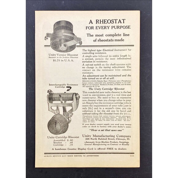 Unity Manufacturing Co. Cartridge Rheostat "For Every Purpose" Vtg Print Ad 1923 - Picture 3 of 3